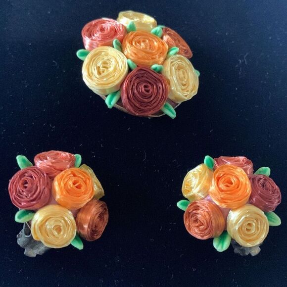 Vintage Signed West-Germany 50’s Floral Brooch Earrings Set - Picture 1 of 15